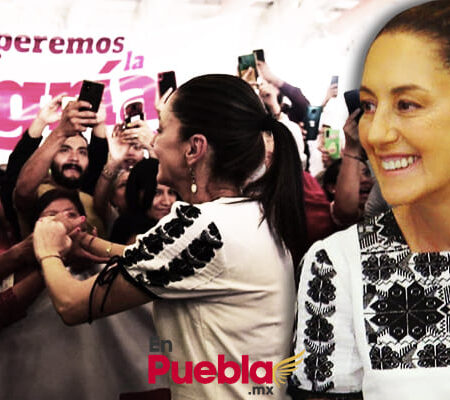Reciben a Claudia Sheinbaum con pancartas y porras durante su visita a Puebla